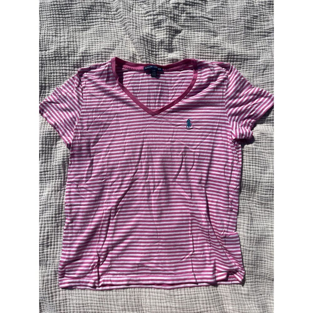 Ralph Lauren Pink Striped V-Neck T-Shirt – Size L